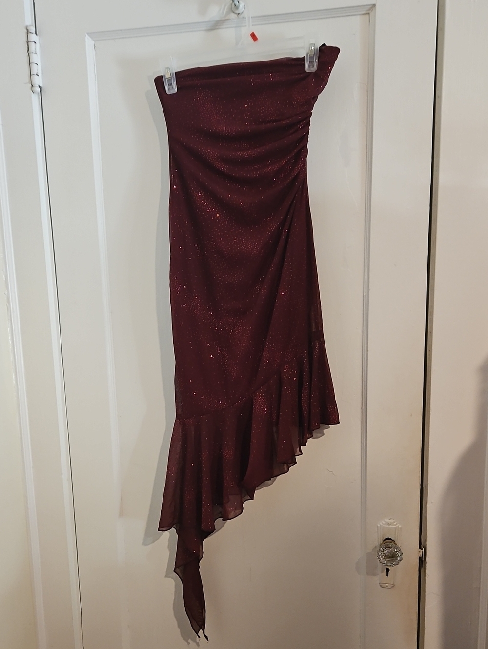 City Triangles Burgundy Sparkle Asymmetric Ruffle Dress Size Small